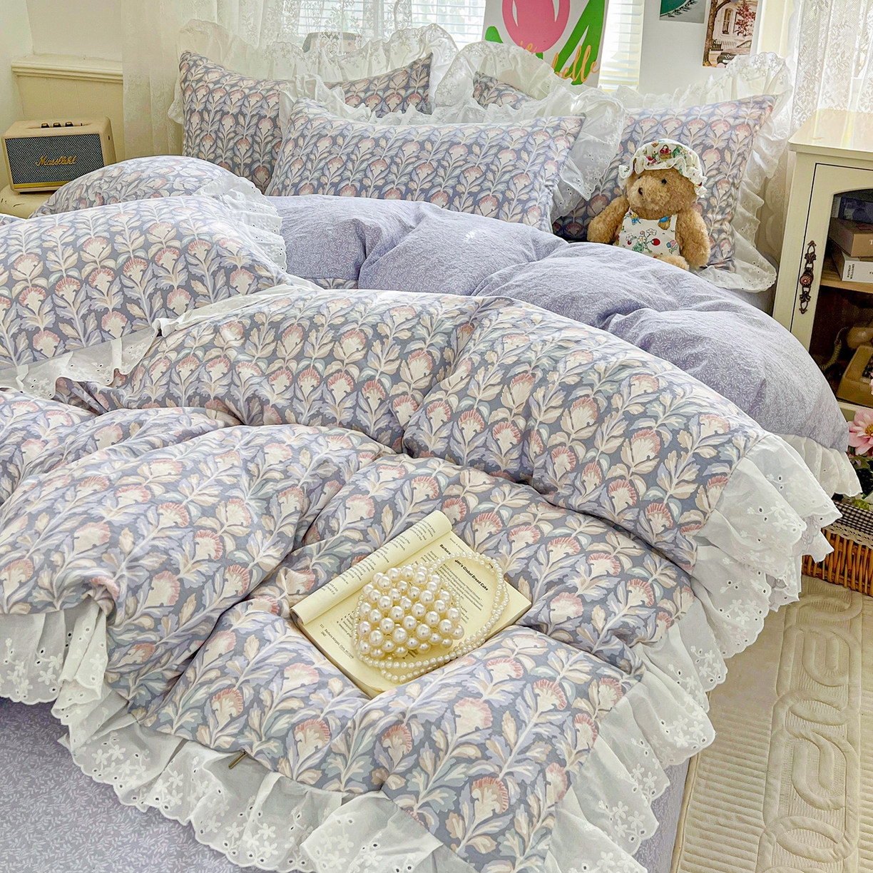 91家纺网 家纺一手货源 找家纺 赛丽雅 2025新款花边韩版水洗珍珠棉四件套 梵克-灰