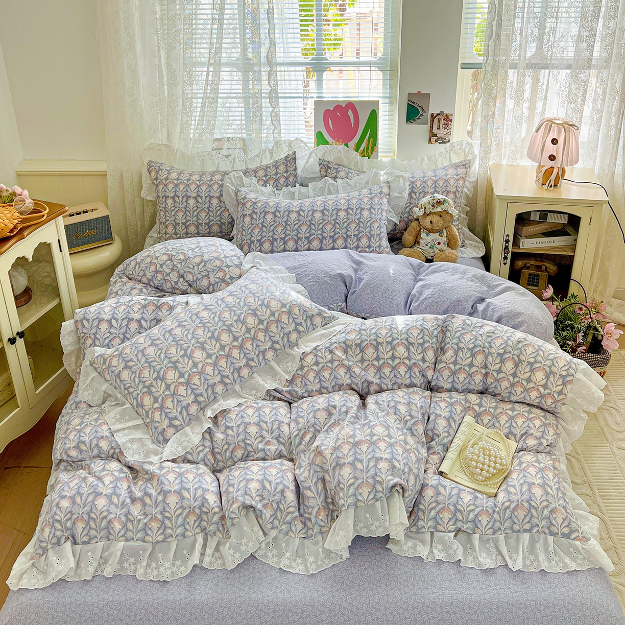 91家纺网 家纺一手货源 找家纺 赛丽雅 2025新款花边韩版水洗珍珠棉四件套 梵克-灰