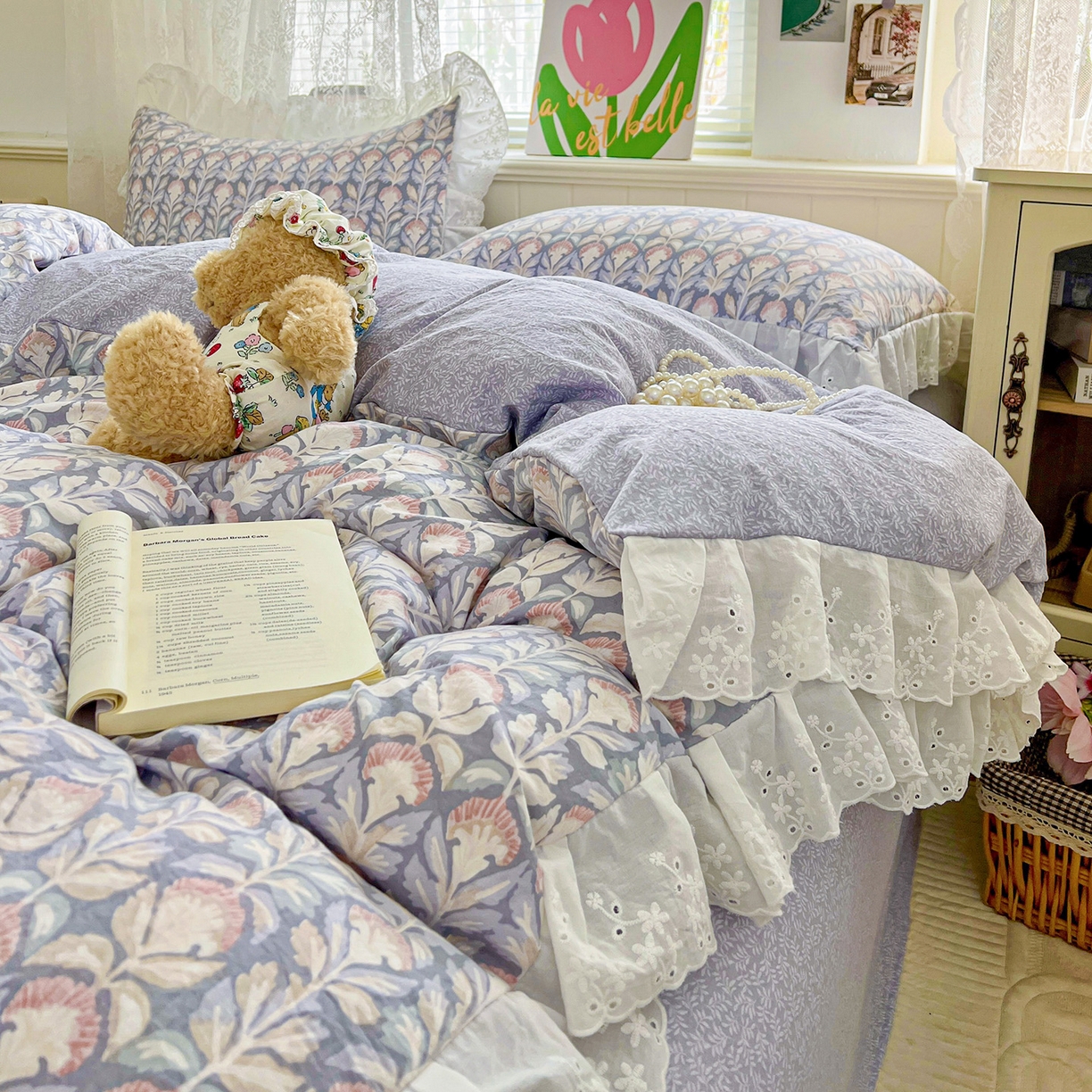 91家纺网 家纺一手货源 找家纺 赛丽雅 2025新款花边韩版水洗珍珠棉四件套 梵克-灰