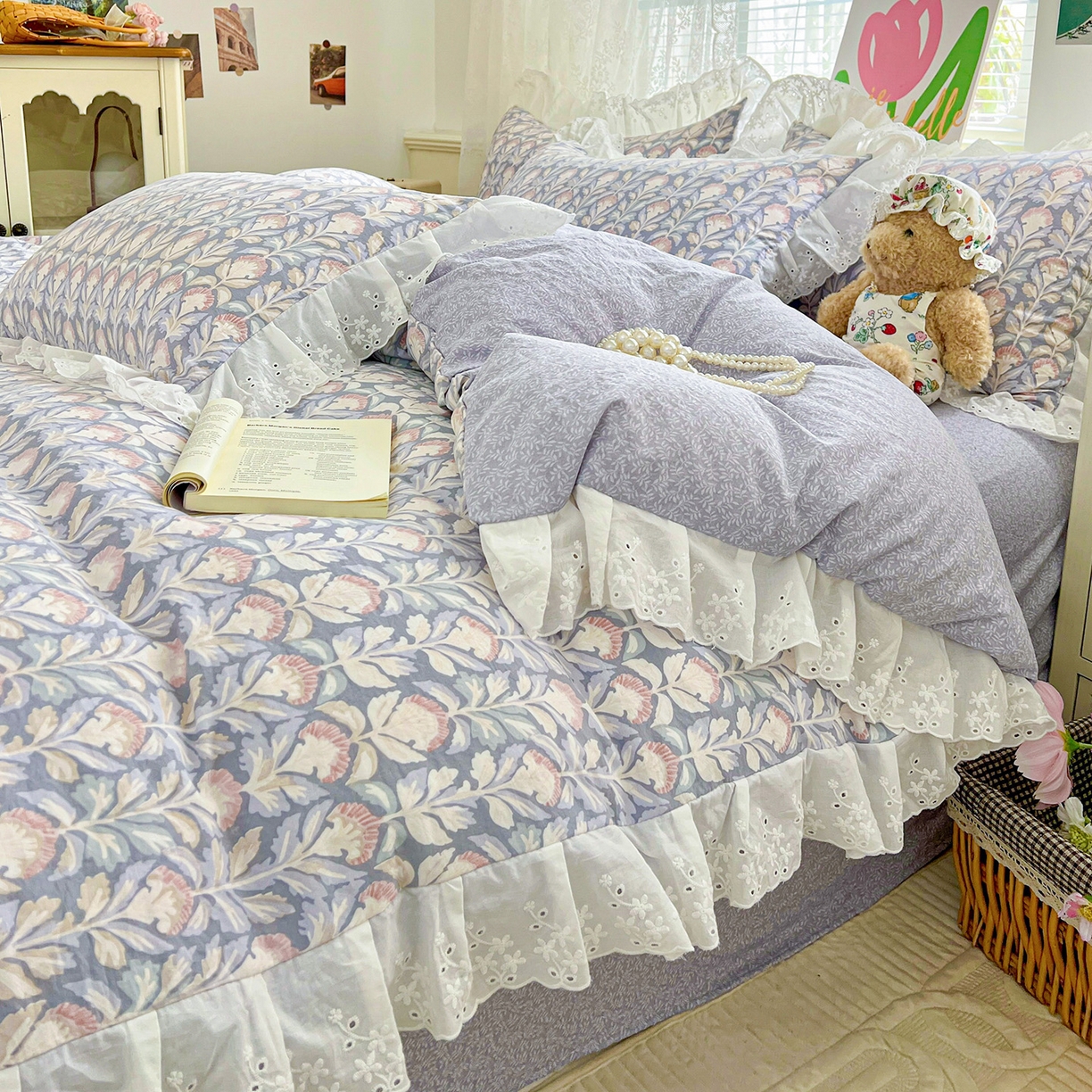 91家纺网 家纺一手货源 找家纺 赛丽雅 2025新款花边韩版水洗珍珠棉四件套 梵克-灰