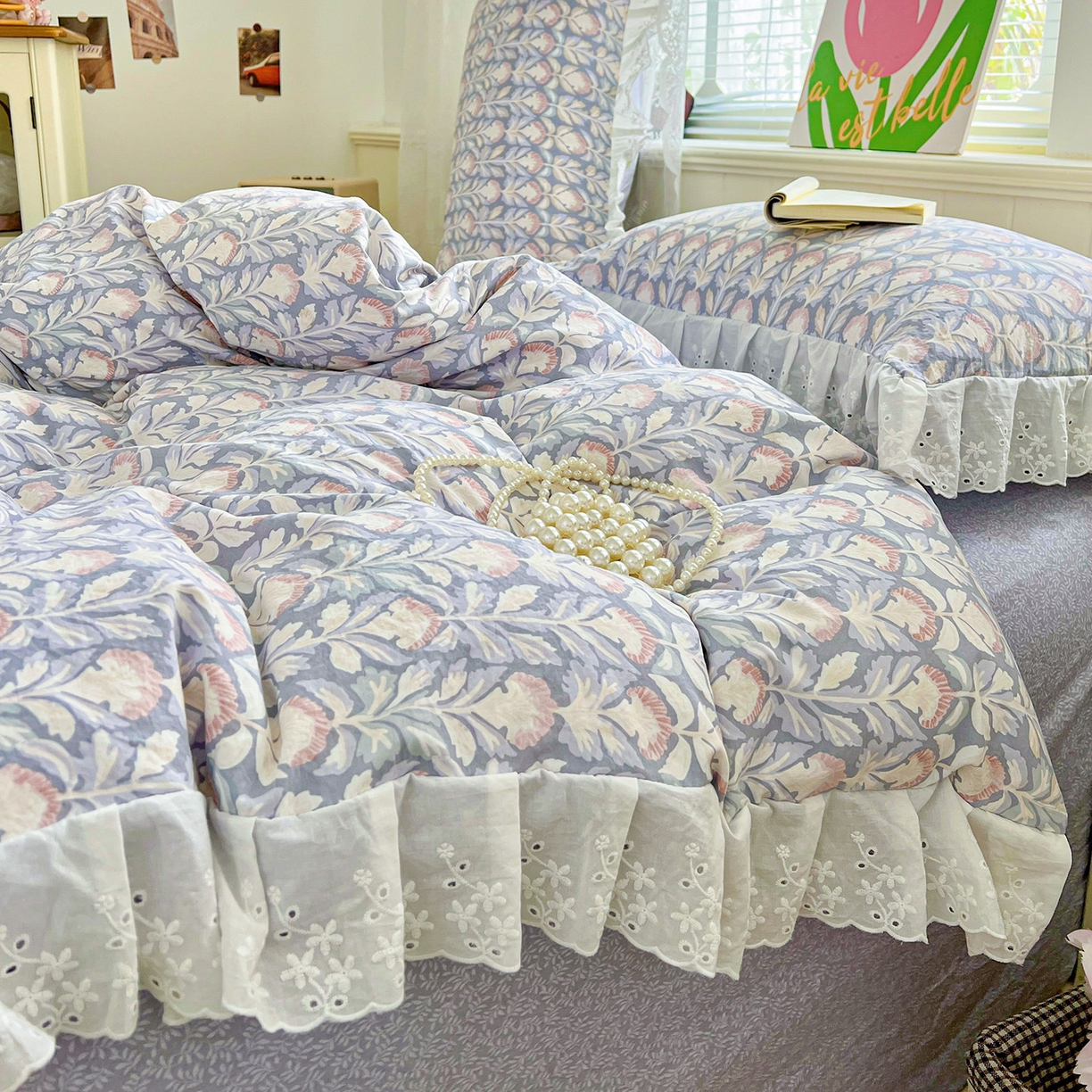 91家纺网 家纺一手货源 找家纺 赛丽雅 2025新款花边韩版水洗珍珠棉四件套 梵克-灰