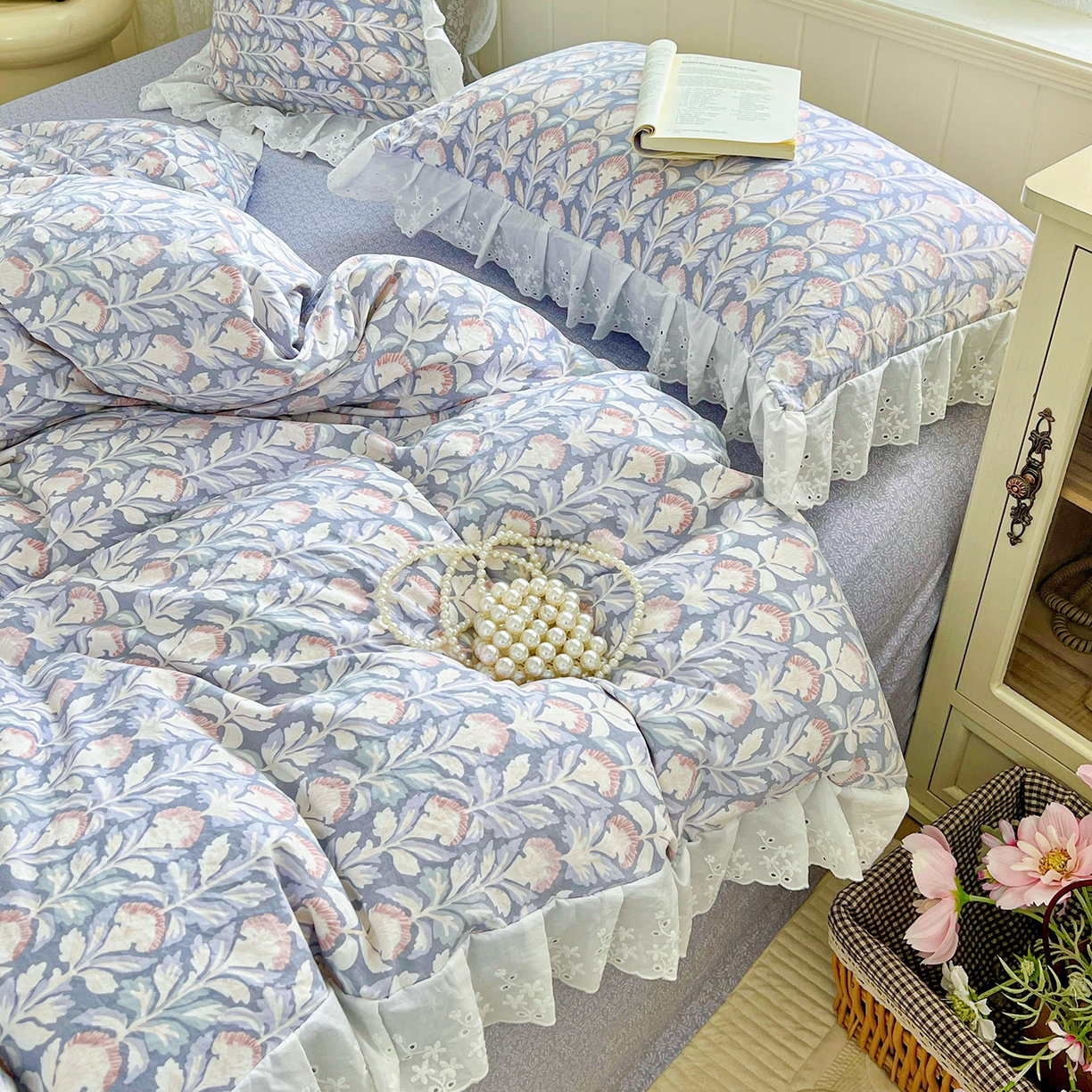 91家纺网 家纺一手货源 找家纺 赛丽雅 2025新款花边韩版水洗珍珠棉四件套 梵克-灰