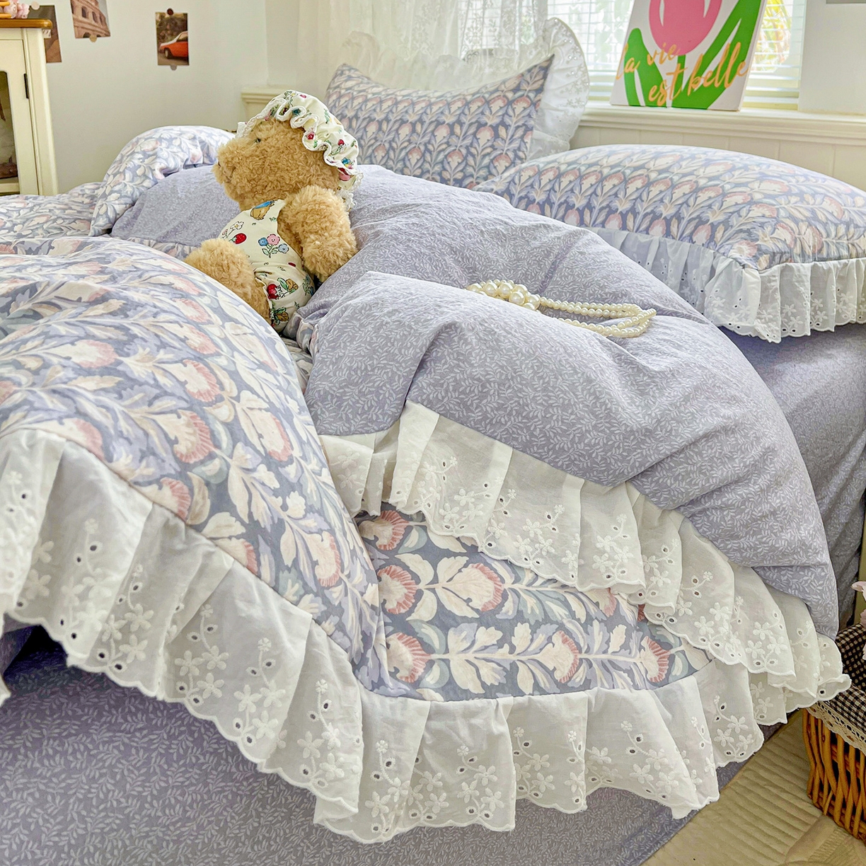 91家纺网 家纺一手货源 找家纺 赛丽雅 2025新款花边韩版水洗珍珠棉四件套 梵克-灰