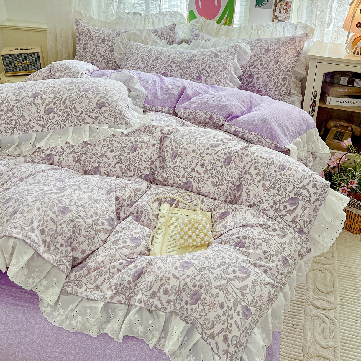 91家纺网 家纺一手货源 找家纺 赛丽雅 2025新款花边韩版水洗珍珠棉四件套 若彩-紫