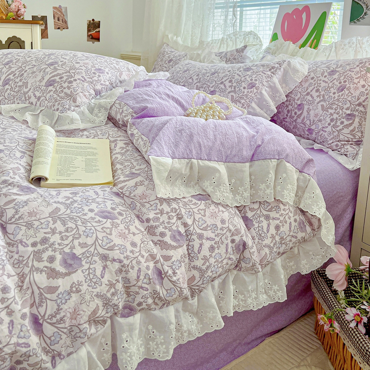 91家纺网 家纺一手货源 找家纺 赛丽雅 2025新款花边韩版水洗珍珠棉四件套 若彩-紫