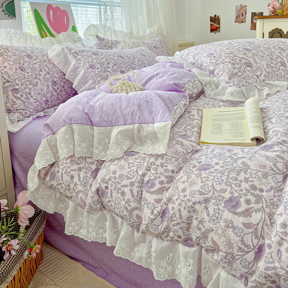 91家纺网 家纺一手货源 找家纺 赛丽雅 2025新款花边韩版水洗珍珠棉四件套 若彩-紫