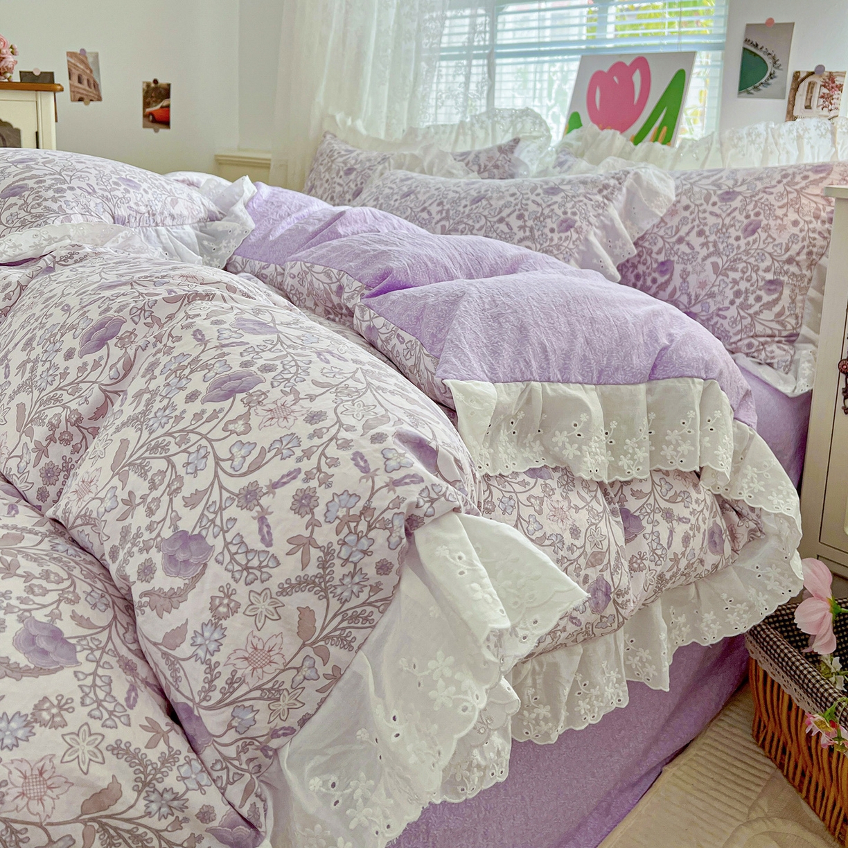 赛丽雅 2025新款花边韩版水洗珍珠棉四件套 若彩-紫