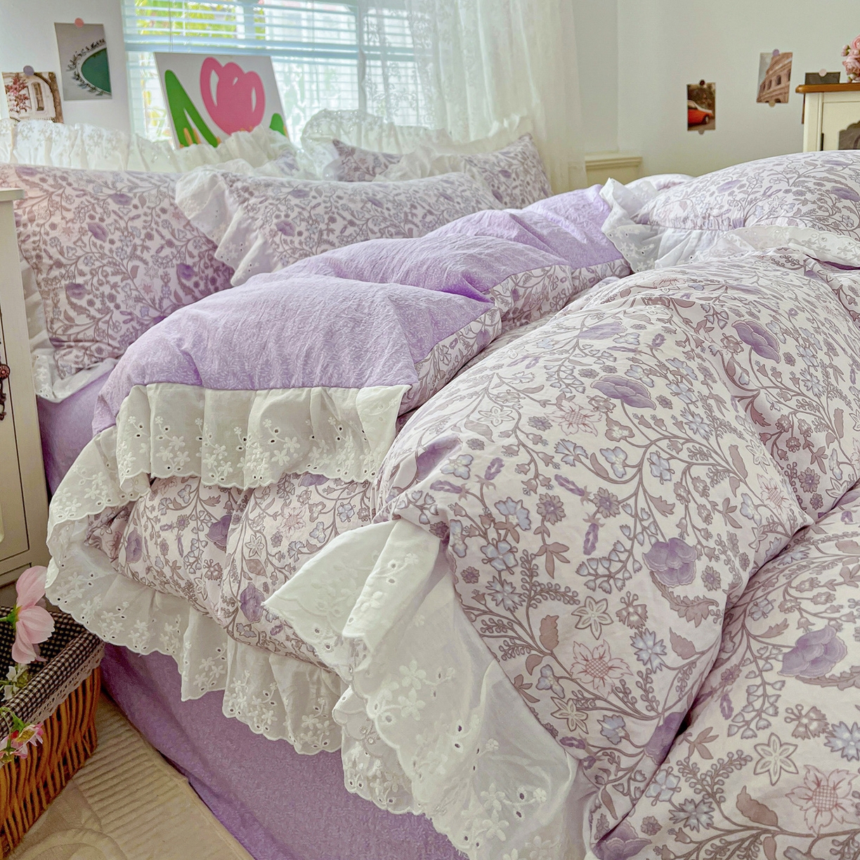 91家纺网 家纺一手货源 找家纺 赛丽雅 2025新款花边韩版水洗珍珠棉四件套 若彩-紫