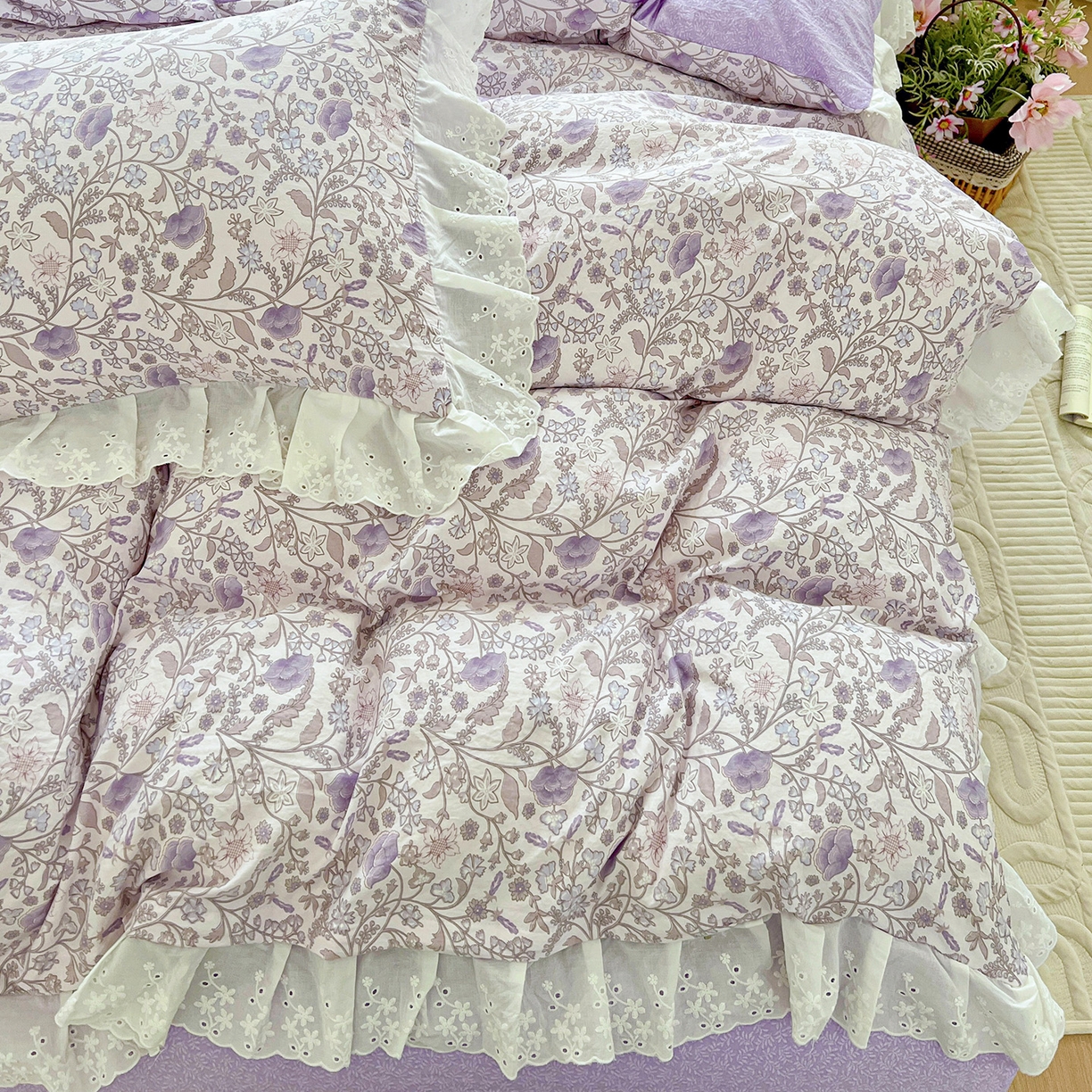 91家纺网 家纺一手货源 找家纺 赛丽雅 2025新款花边韩版水洗珍珠棉四件套 若彩-紫