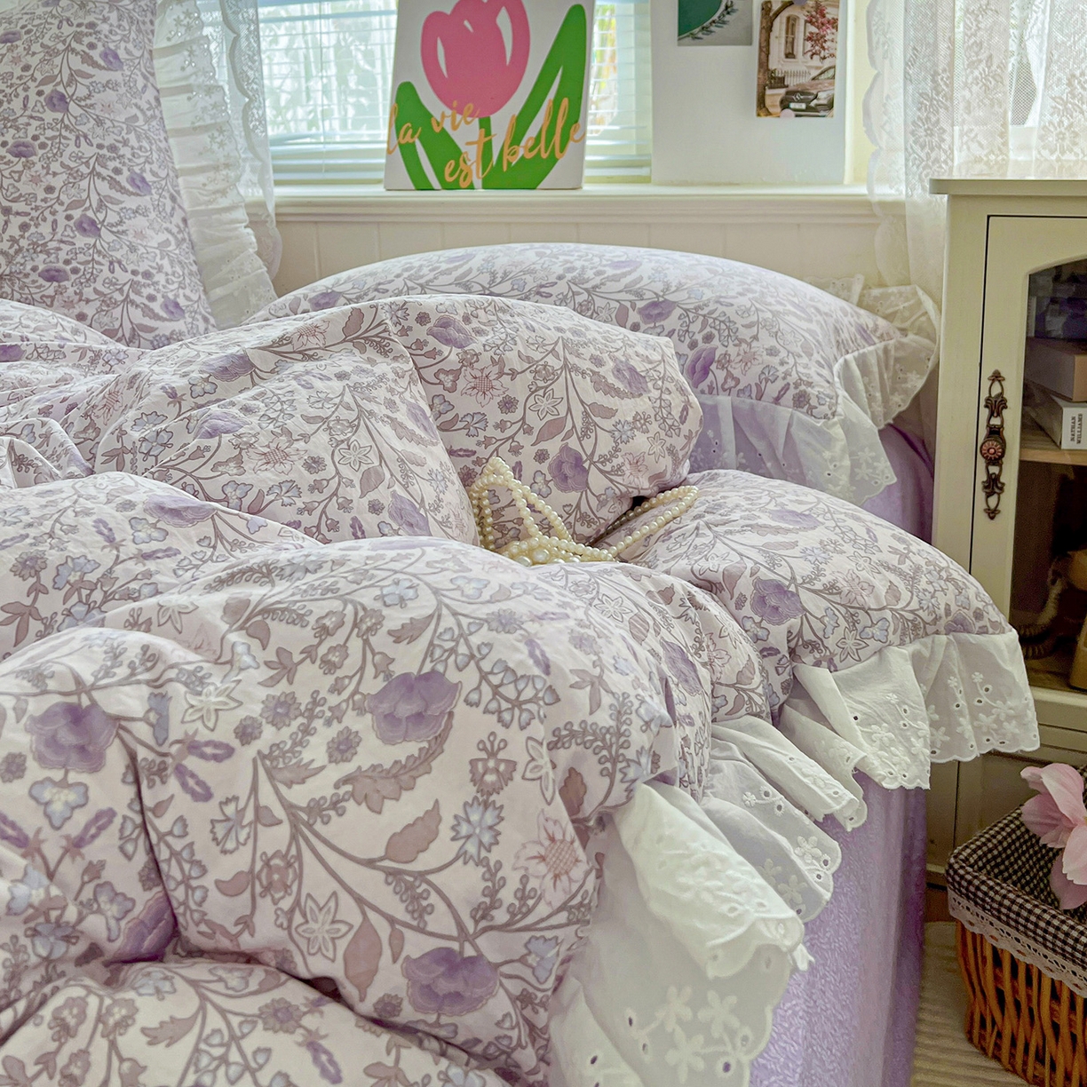 91家纺网 家纺一手货源 找家纺 赛丽雅 2025新款花边韩版水洗珍珠棉四件套 若彩-紫