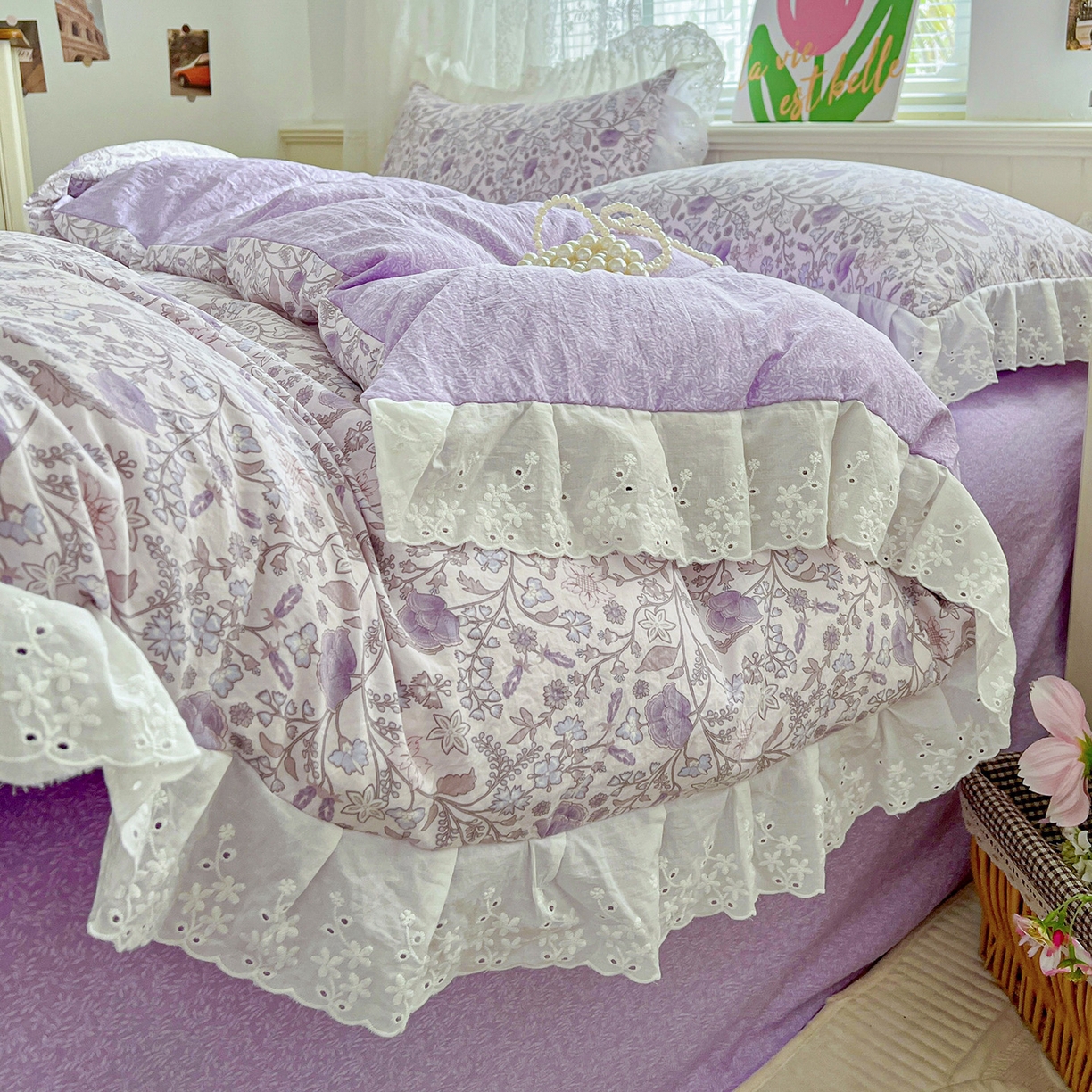 91家纺网 家纺一手货源 找家纺 赛丽雅 2025新款花边韩版水洗珍珠棉四件套 若彩-紫