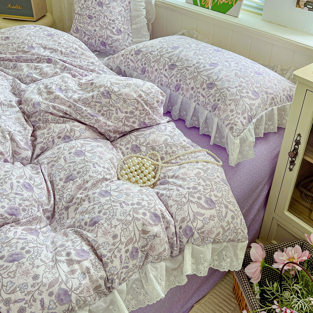 91家纺网 家纺一手货源 找家纺 赛丽雅 2025新款花边韩版水洗珍珠棉四件套 若彩-紫