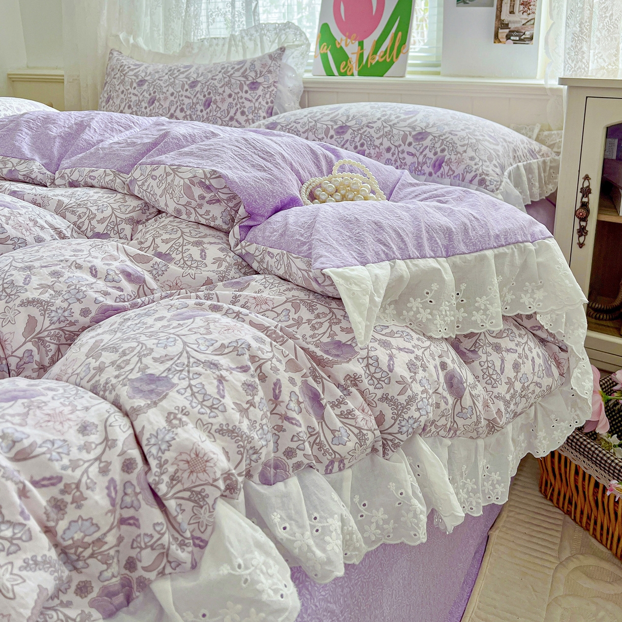 91家纺网 家纺一手货源 找家纺 赛丽雅 2025新款花边韩版水洗珍珠棉四件套 若彩-紫