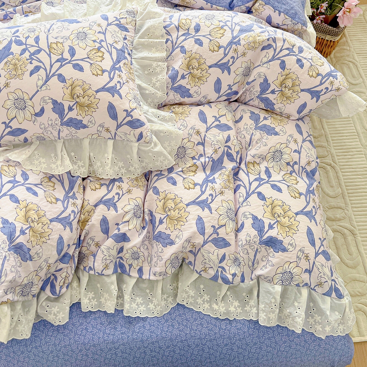 91家纺网 家纺一手货源 找家纺 赛丽雅 2025新款花边韩版水洗珍珠棉四件套 洛丽塔