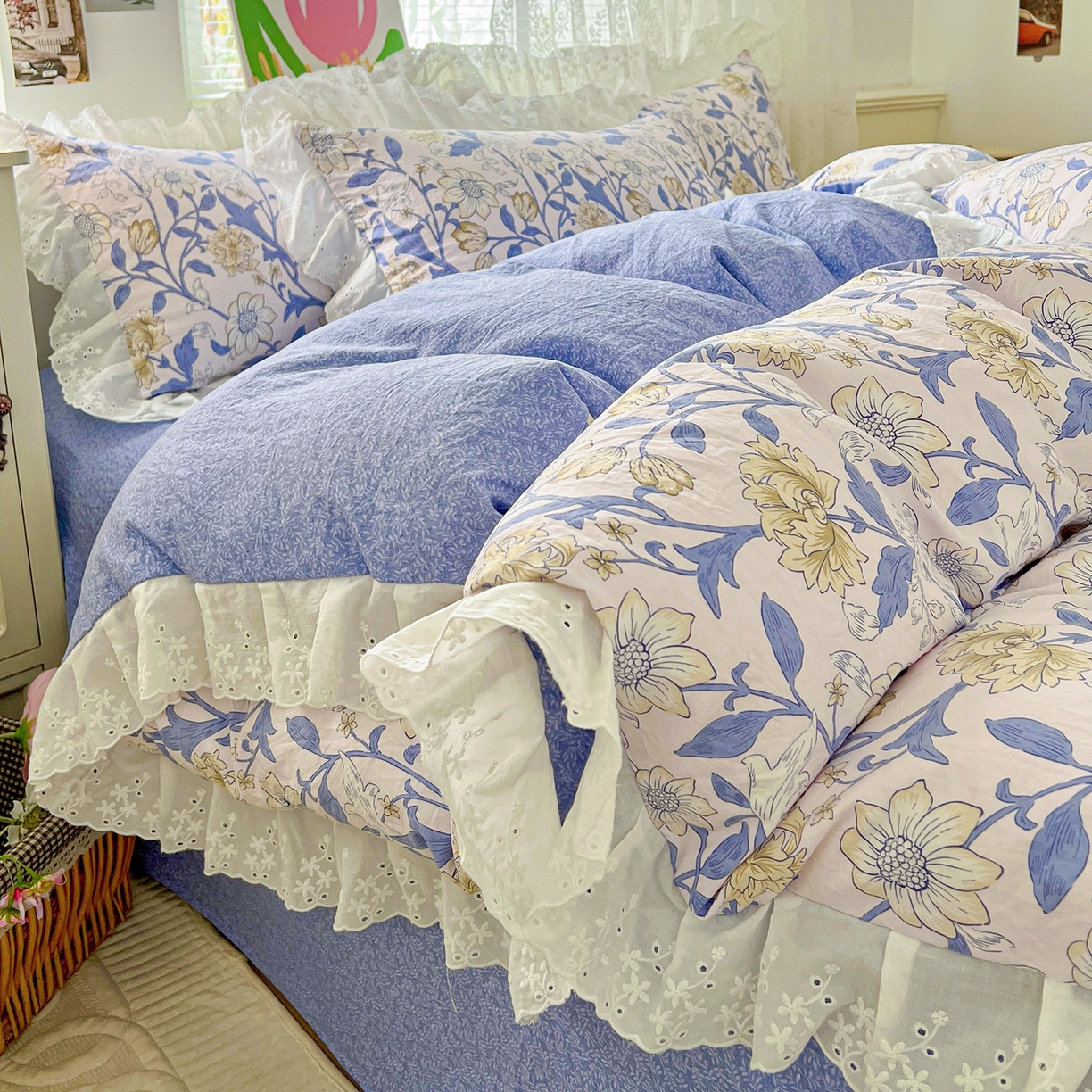 91家纺网 家纺一手货源 找家纺 赛丽雅 2025新款花边韩版水洗珍珠棉四件套 洛丽塔