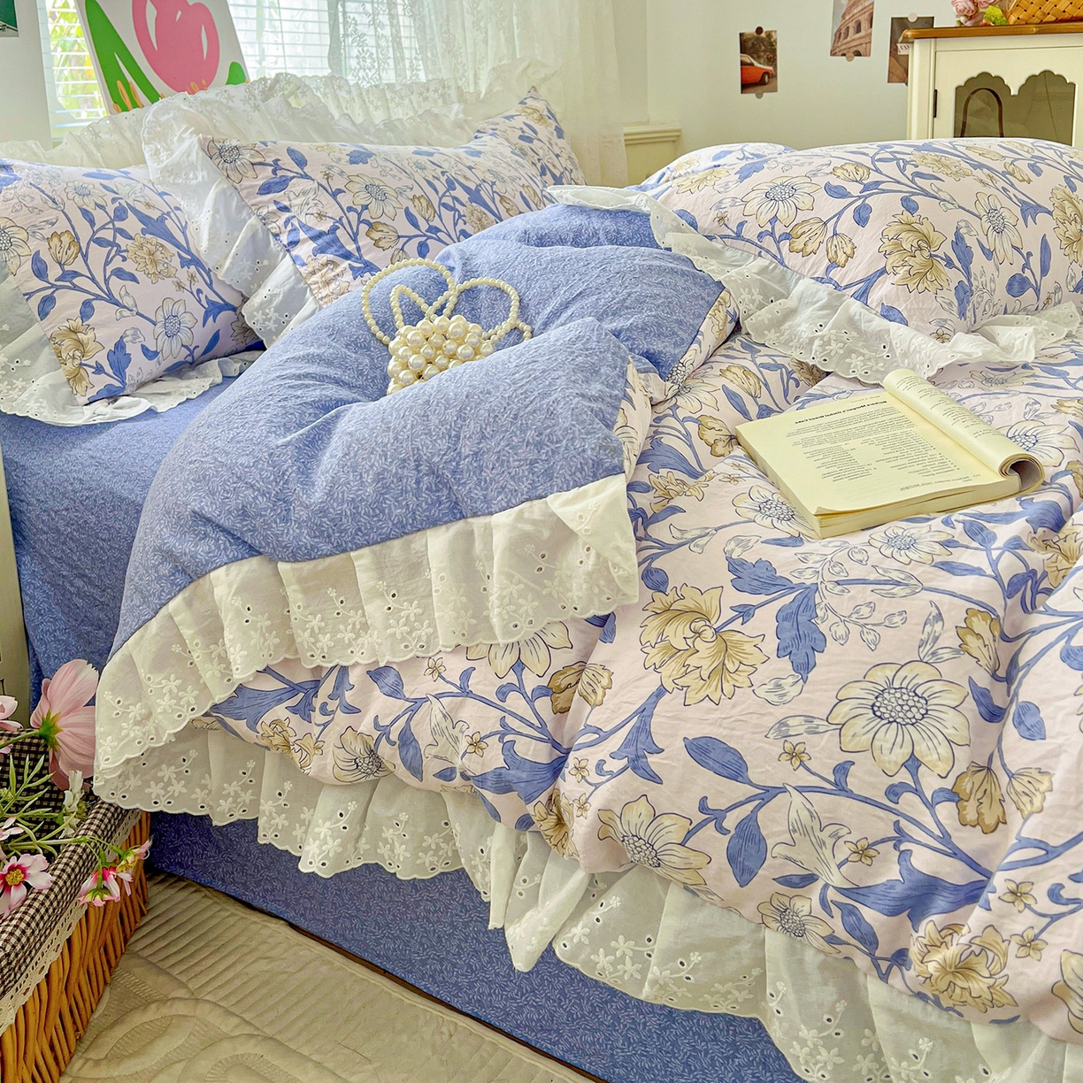 91家纺网 家纺一手货源 找家纺 赛丽雅 2025新款花边韩版水洗珍珠棉四件套 洛丽塔