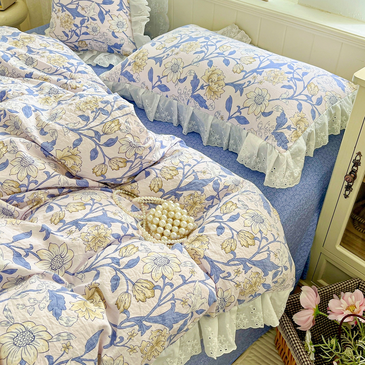 91家纺网 家纺一手货源 找家纺 赛丽雅 2025新款花边韩版水洗珍珠棉四件套 洛丽塔