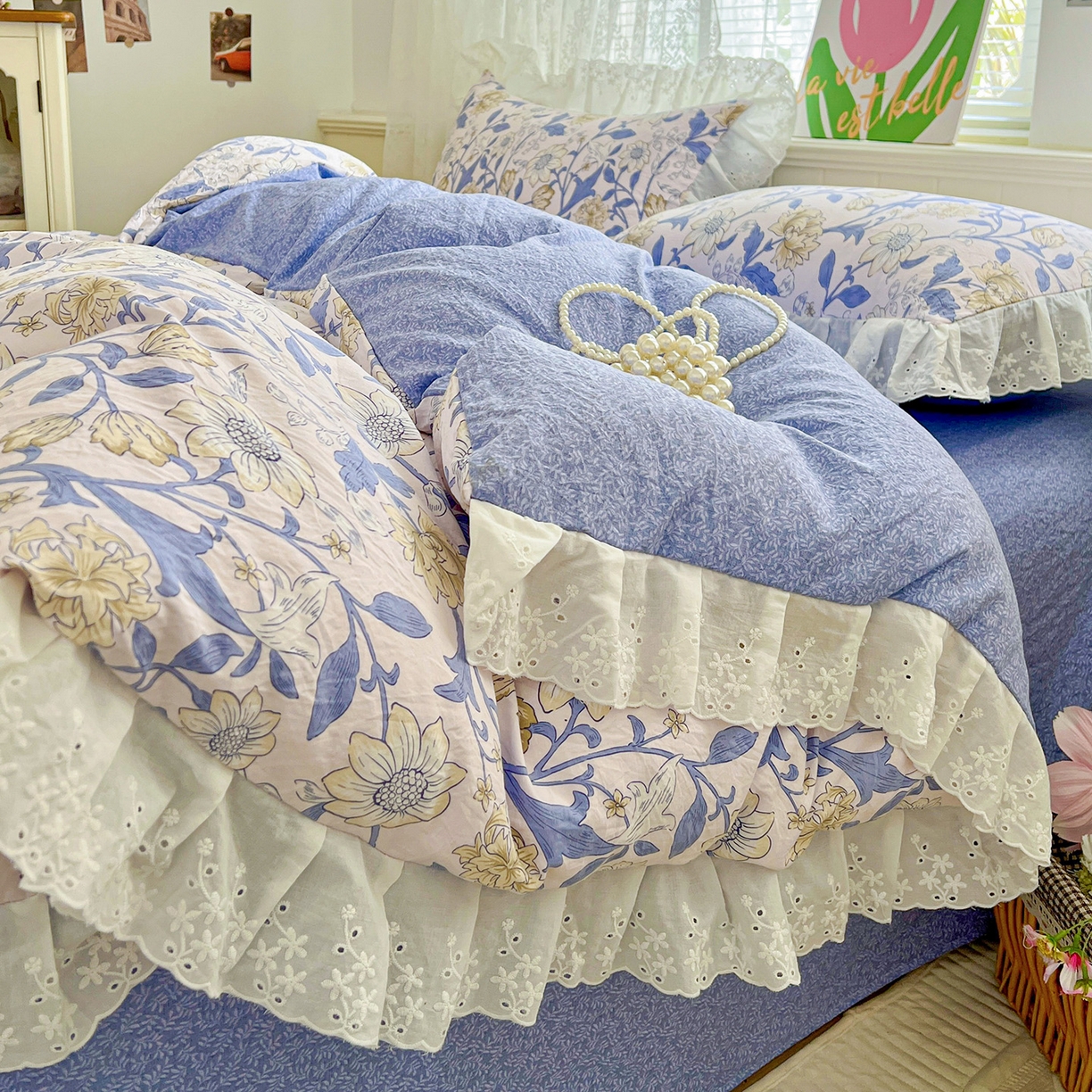 91家纺网 家纺一手货源 找家纺 赛丽雅 2025新款花边韩版水洗珍珠棉四件套 洛丽塔