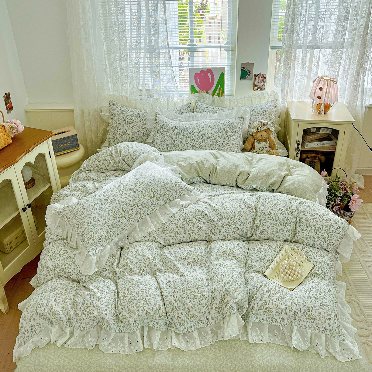 91家纺网 家纺一手货源 找家纺 赛丽雅 2025新款花边韩版水洗珍珠棉四件套 从草集-绿