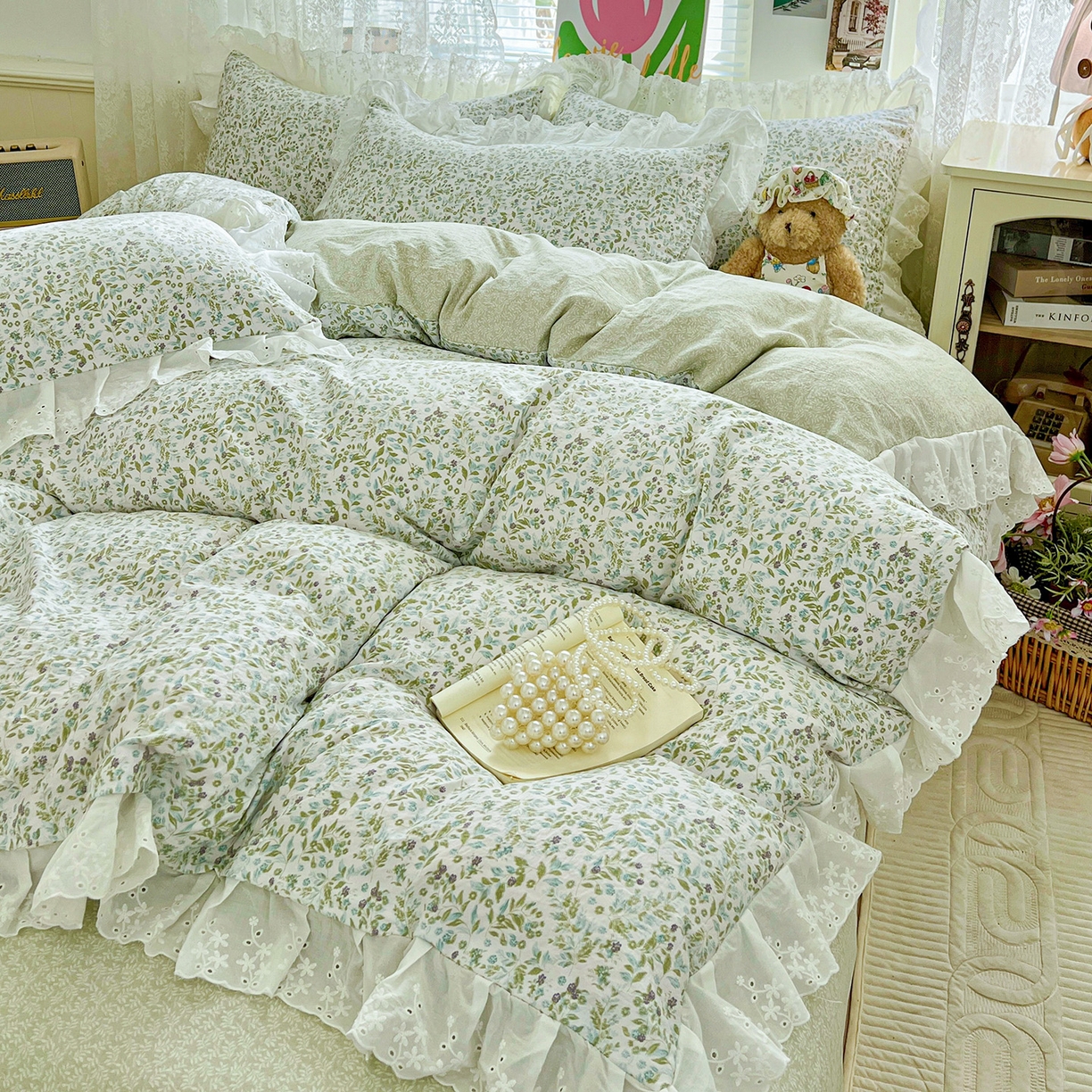 91家纺网 家纺一手货源 找家纺 赛丽雅 2025新款花边韩版水洗珍珠棉四件套 从草集-绿