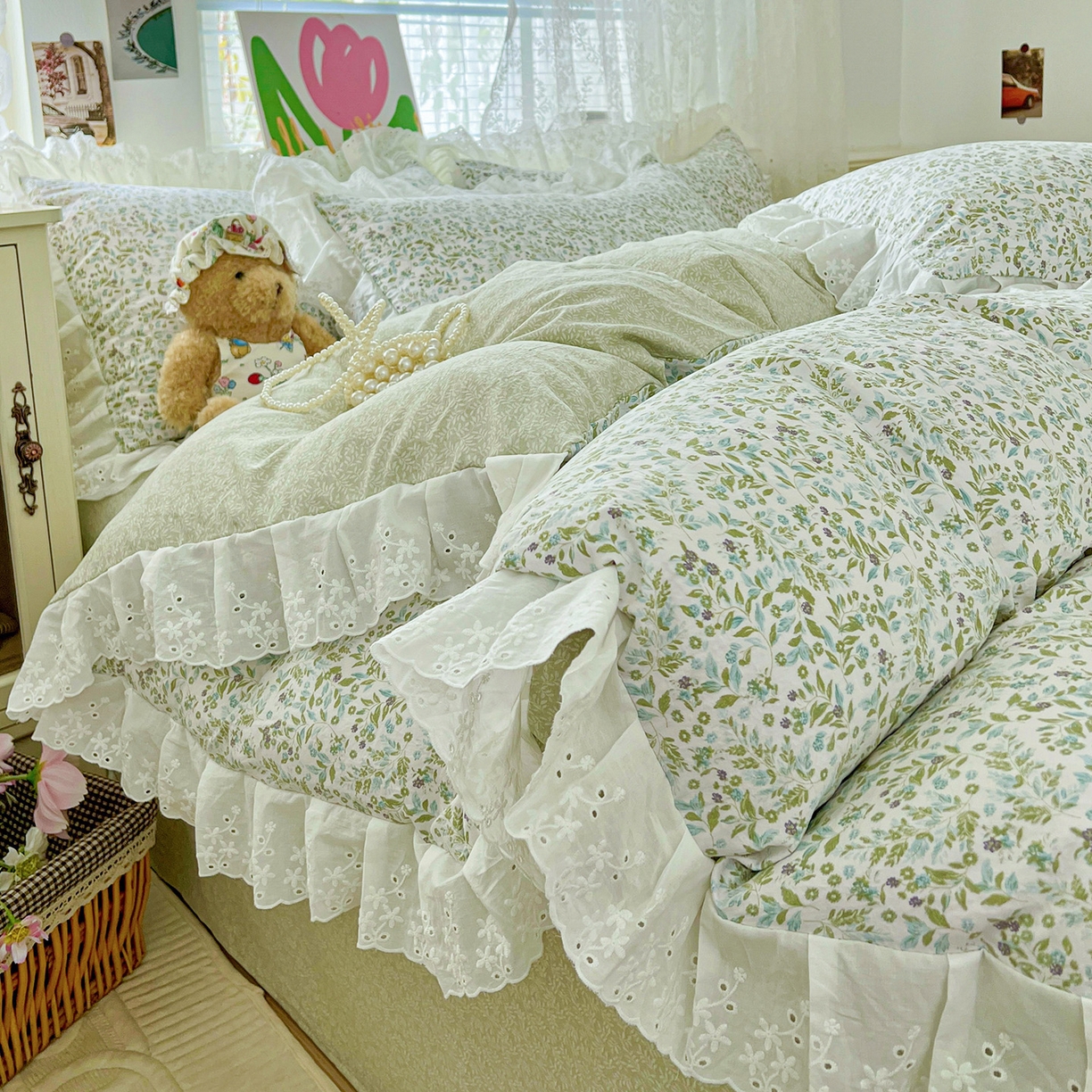 91家纺网 家纺一手货源 找家纺 赛丽雅 2025新款花边韩版水洗珍珠棉四件套 从草集-绿