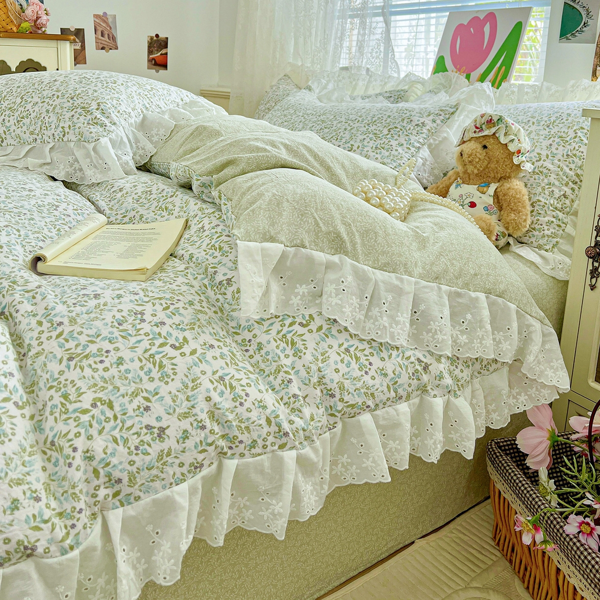 91家纺网 家纺一手货源 找家纺 赛丽雅 2025新款花边韩版水洗珍珠棉四件套 从草集-绿