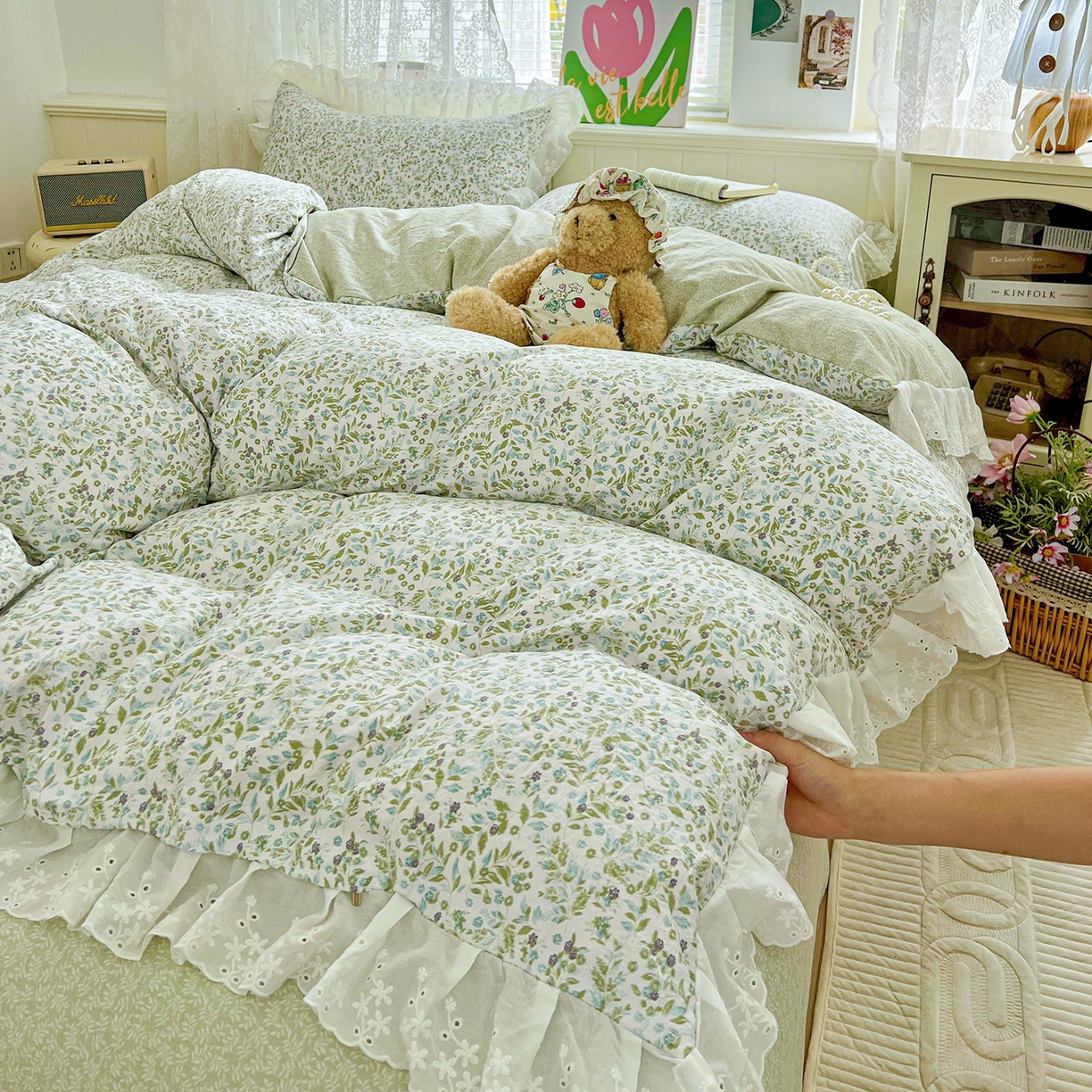 91家纺网 家纺一手货源 找家纺 赛丽雅 2025新款花边韩版水洗珍珠棉四件套 从草集-绿