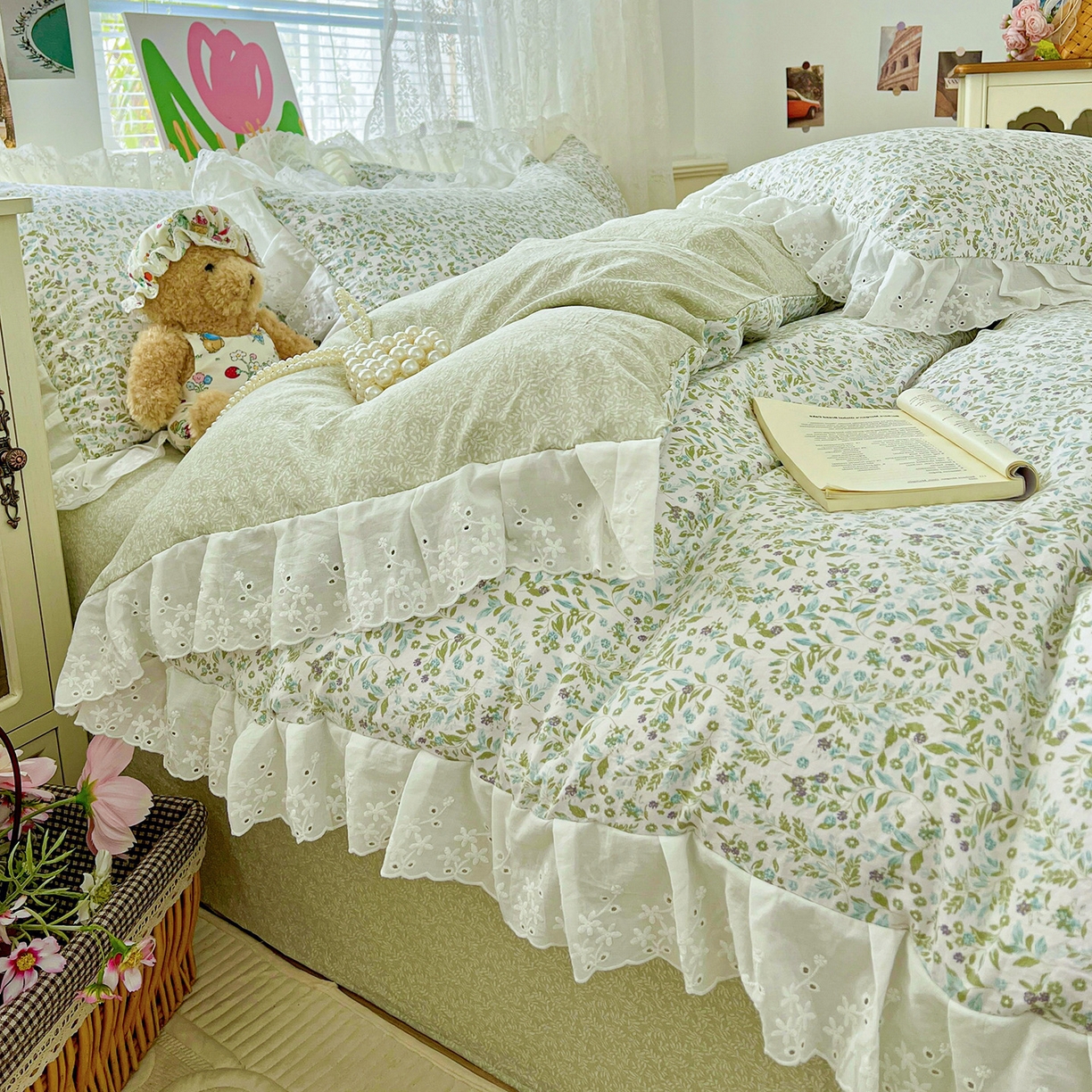 91家纺网 家纺一手货源 找家纺 赛丽雅 2025新款花边韩版水洗珍珠棉四件套 从草集-绿