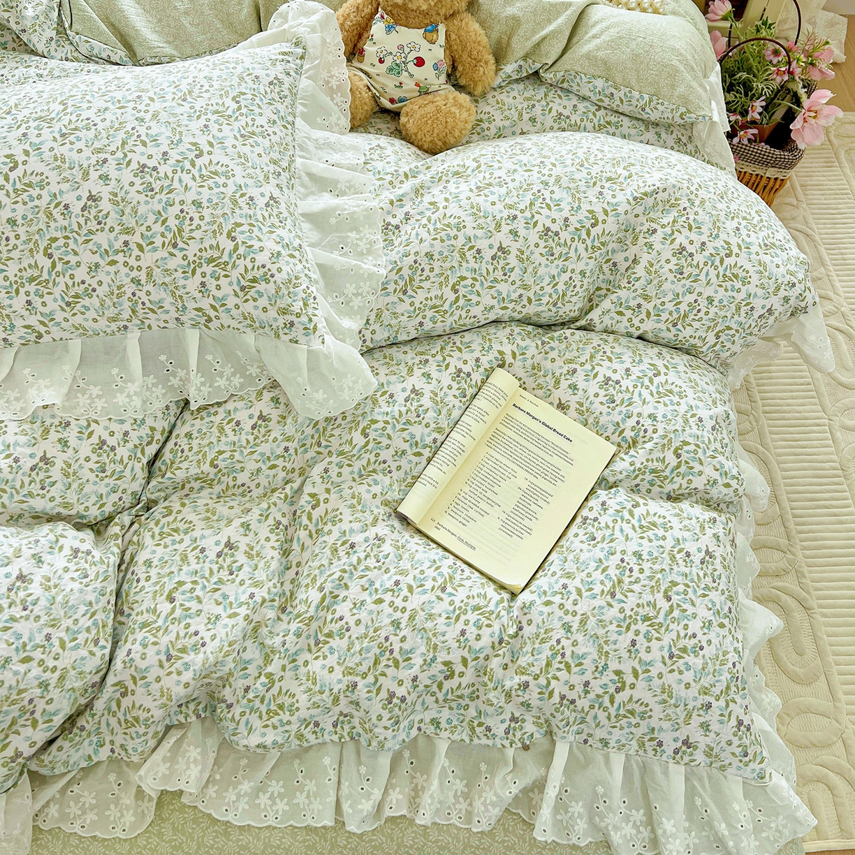 91家纺网 家纺一手货源 找家纺 赛丽雅 2025新款花边韩版水洗珍珠棉四件套 从草集-绿
