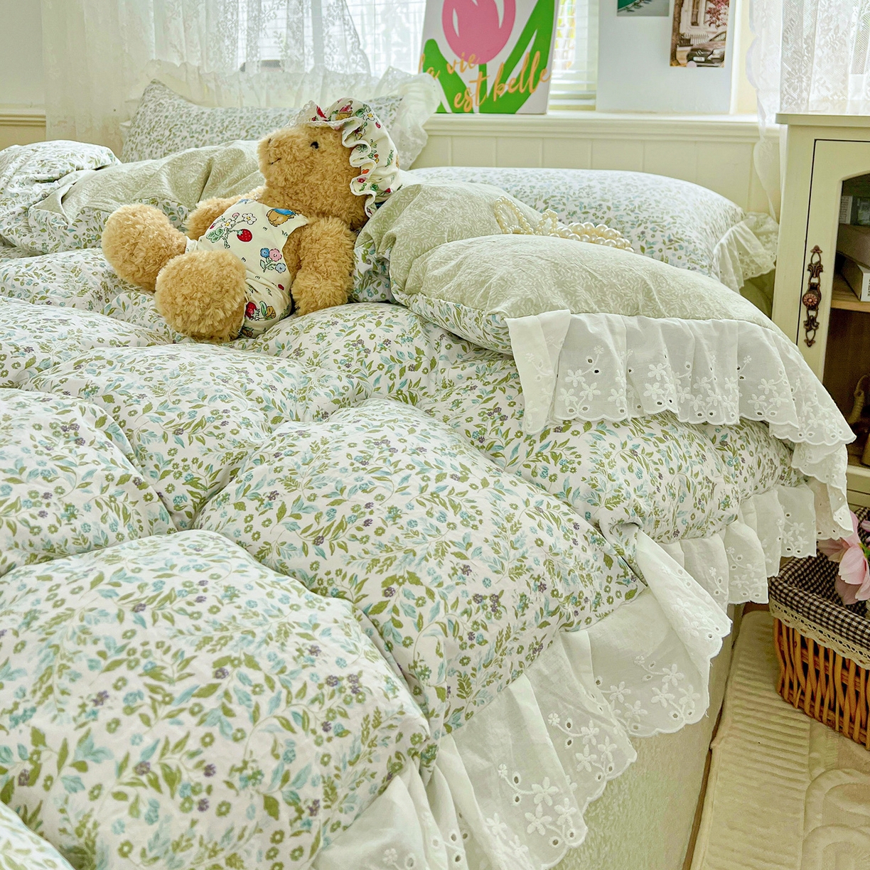 91家纺网 家纺一手货源 找家纺 赛丽雅 2025新款花边韩版水洗珍珠棉四件套 从草集-绿