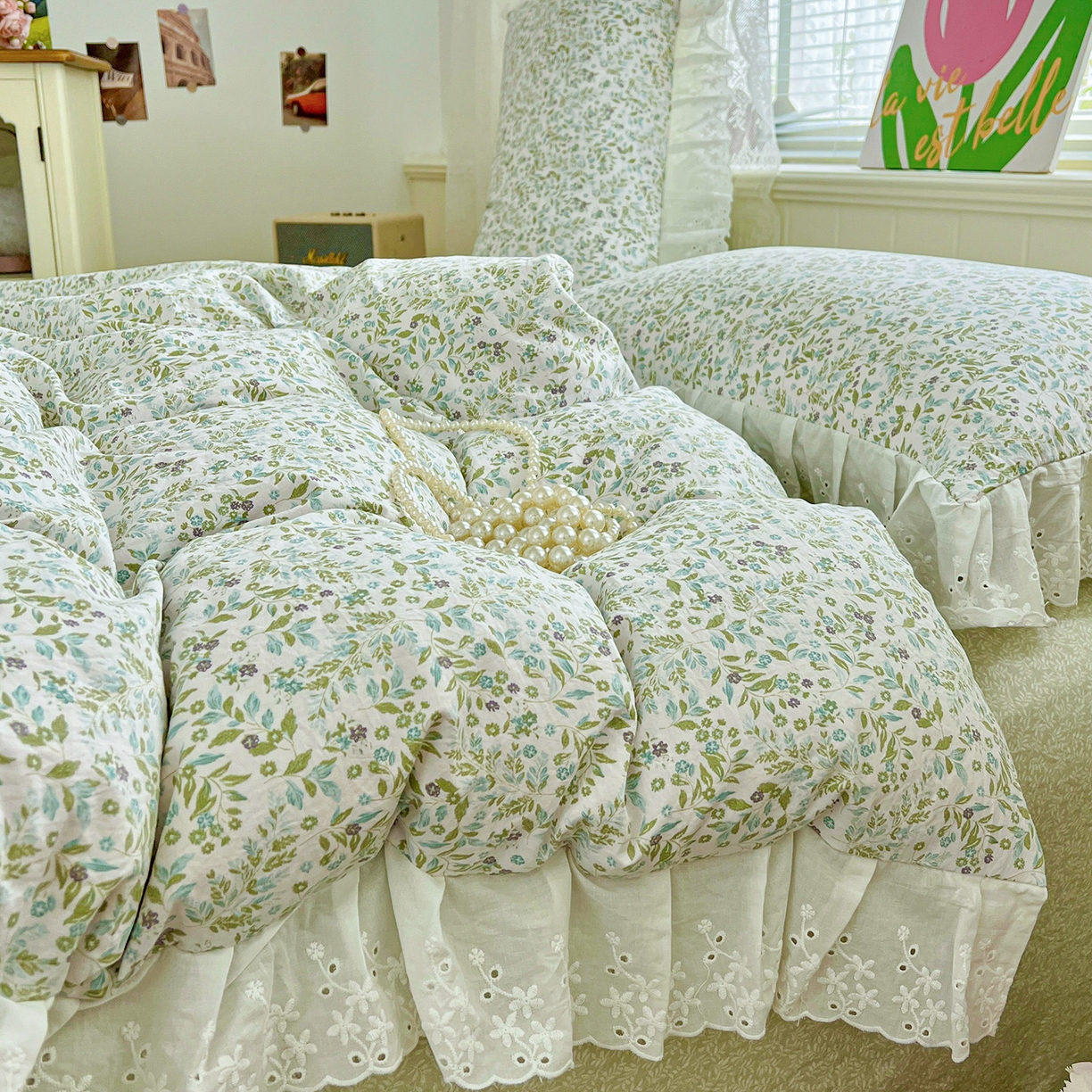 91家纺网 家纺一手货源 找家纺 赛丽雅 2025新款花边韩版水洗珍珠棉四件套 从草集-绿