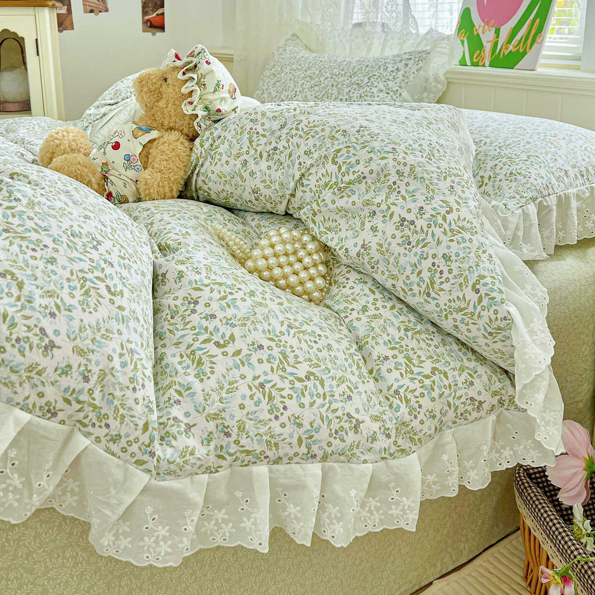 91家纺网 家纺一手货源 找家纺 赛丽雅 2025新款花边韩版水洗珍珠棉四件套 从草集-绿