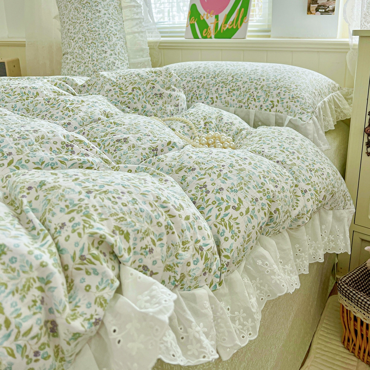 91家纺网 家纺一手货源 找家纺 赛丽雅 2025新款花边韩版水洗珍珠棉四件套 从草集-绿