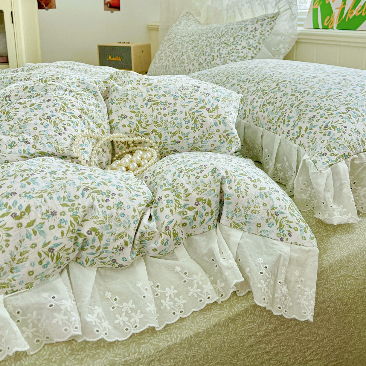 91家纺网 家纺一手货源 找家纺 赛丽雅 2025新款花边韩版水洗珍珠棉四件套 从草集-绿