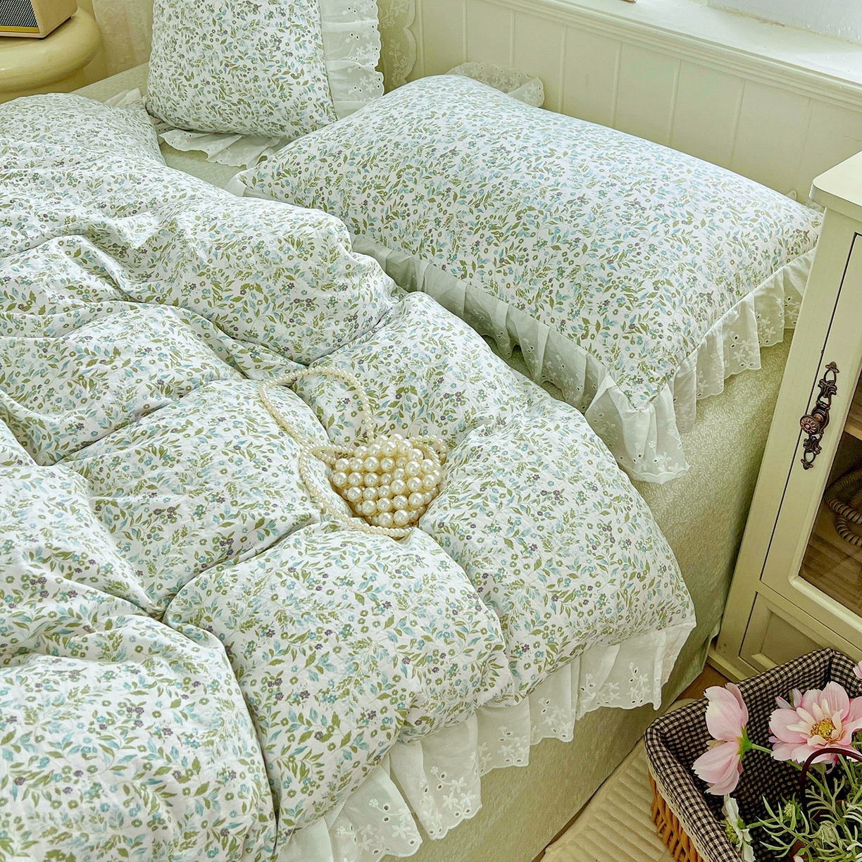 91家纺网 家纺一手货源 找家纺 赛丽雅 2025新款花边韩版水洗珍珠棉四件套 从草集-绿