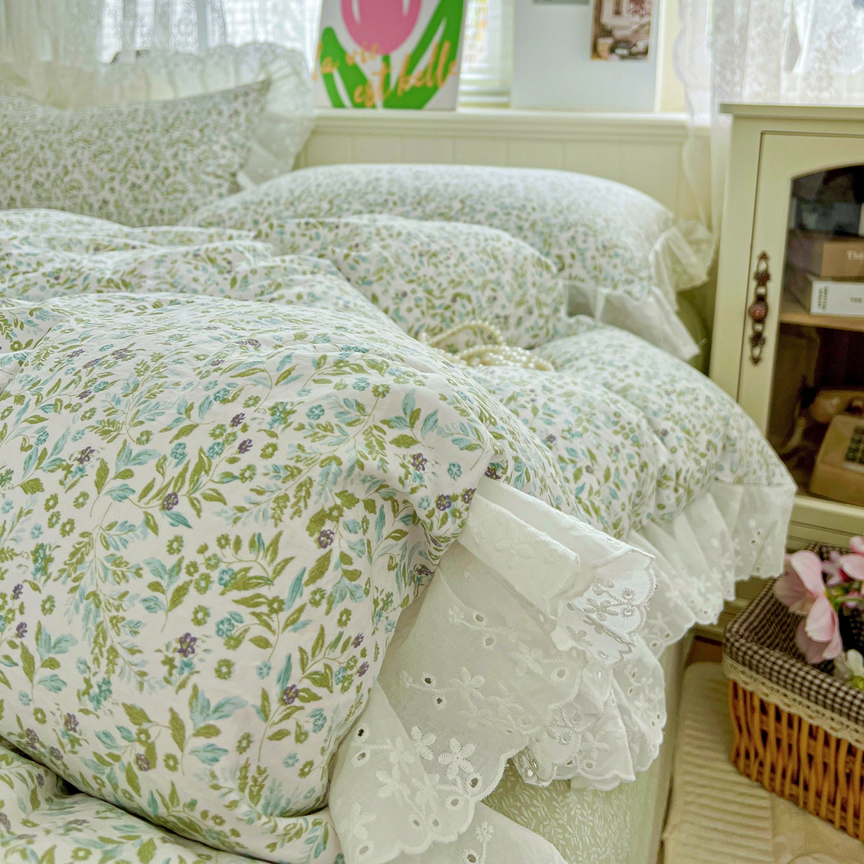 91家纺网 家纺一手货源 找家纺 赛丽雅 2025新款花边韩版水洗珍珠棉四件套 从草集-绿
