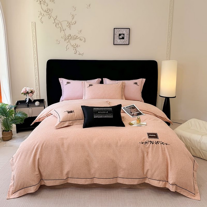 91家纺网 家纺一手货源 找家纺 孑寐家纺 2025新款全棉磨毛刺绣绣花四件套-简爱 简爱-橘色