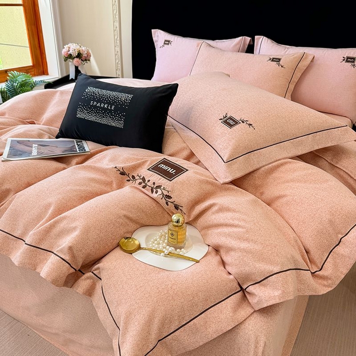 91家纺网 家纺一手货源 找家纺 孑寐家纺 2025新款全棉磨毛刺绣绣花四件套-简爱 简爱-橘色