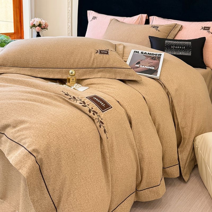 孑寐家纺 2025新款全棉磨毛刺绣绣花四件套-简爱 简爱-棕色