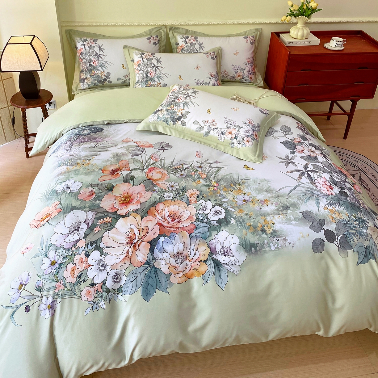 91家纺网 家纺一手货源 找家纺 大麦乐田 2025新款 直播爆款细斜纹磨毛数码印花四件套 仙本娜 绿