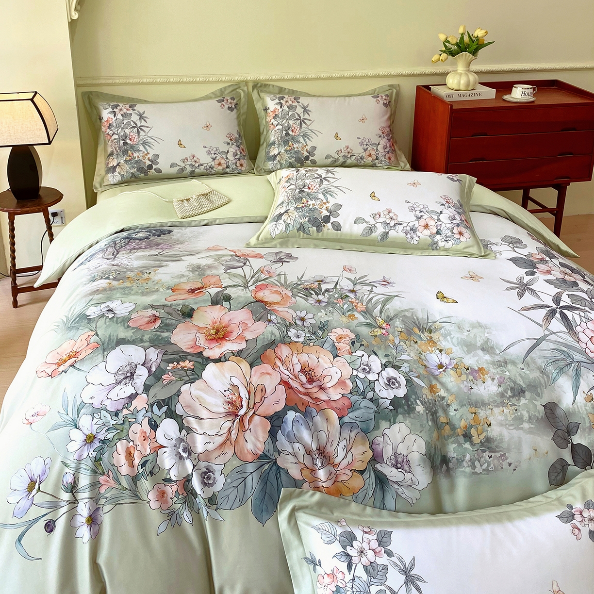 91家纺网 家纺一手货源 找家纺 大麦乐田 2025新款 直播爆款细斜纹磨毛数码印花四件套 仙本娜 绿