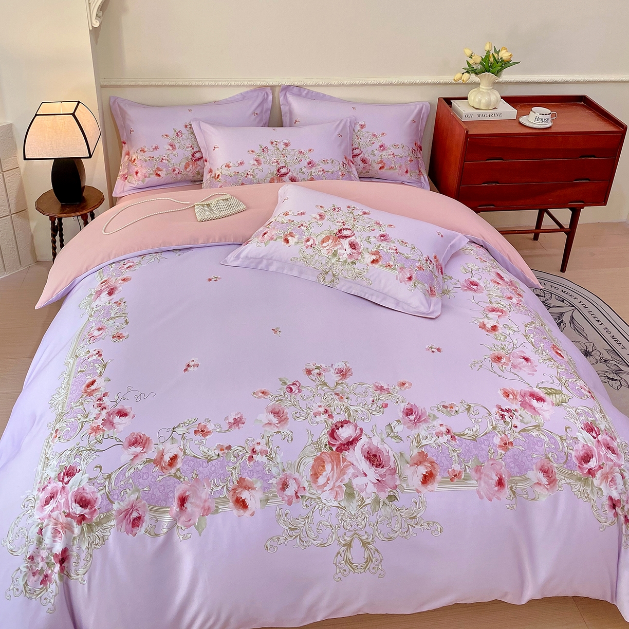 91家纺网 家纺一手货源 找家纺 大麦乐田 2025新款 直播爆款细斜纹磨毛数码印花四件套 诺曼庄园 紫