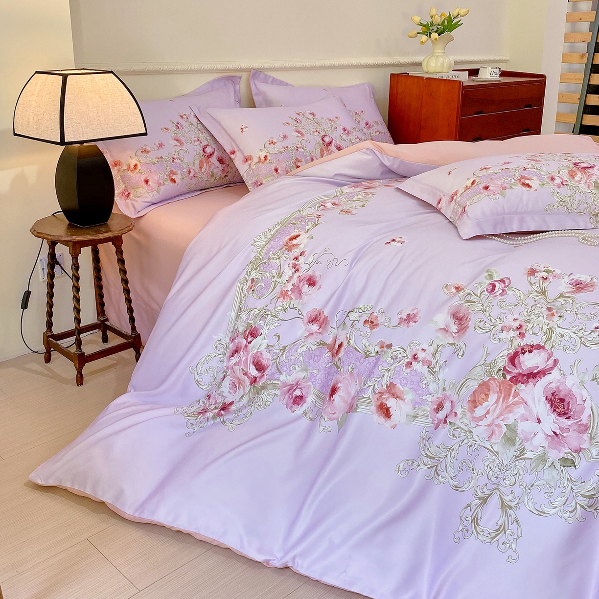 91家纺网 家纺一手货源 找家纺 大麦乐田 2025新款 直播爆款细斜纹磨毛数码印花四件套 诺曼庄园 紫