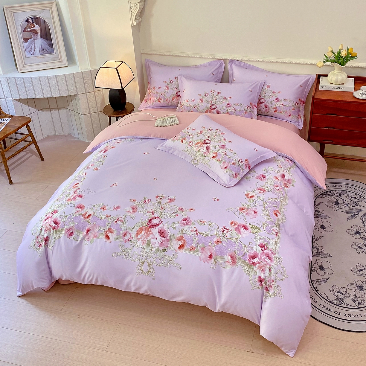 91家纺网 家纺一手货源 找家纺 大麦乐田 2025新款 直播爆款细斜纹磨毛数码印花四件套 诺曼庄园 紫