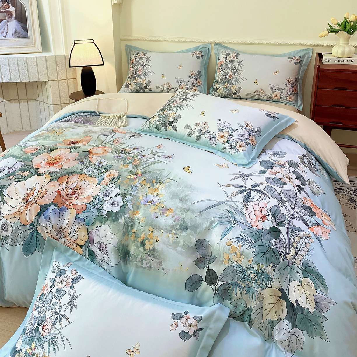 91家纺网 家纺一手货源 找家纺 大麦乐田 2025新款 直播爆款细斜纹磨毛数码印花四件套 仙本娜 兰