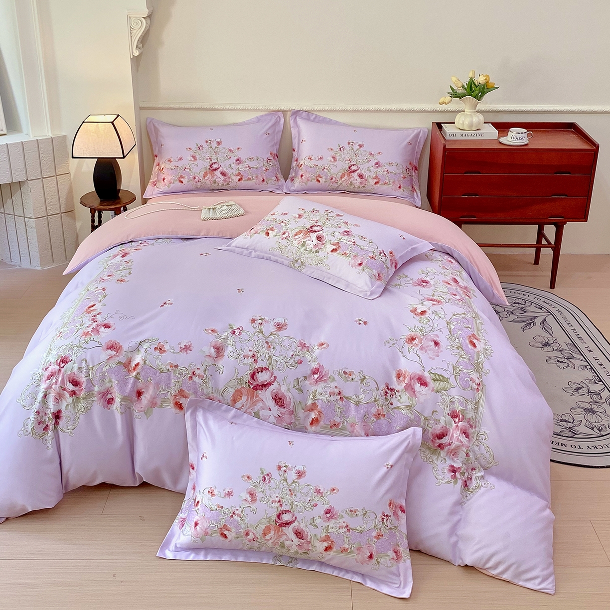 91家纺网 家纺一手货源 找家纺 大麦乐田 2025新款 直播爆款细斜纹磨毛数码印花四件套 诺曼庄园 紫