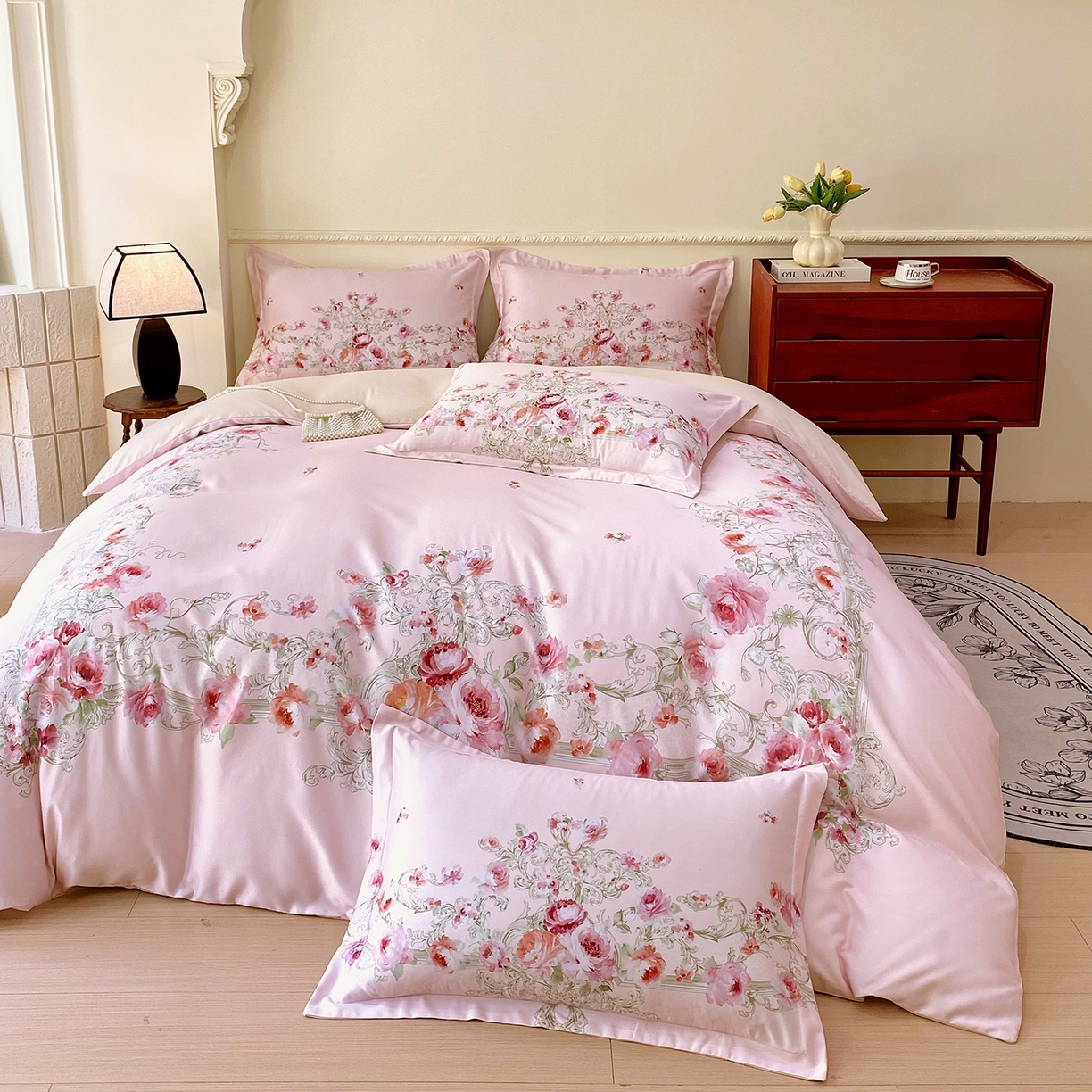 91家纺网 家纺一手货源 找家纺 大麦乐田 2025新款 直播爆款细斜纹磨毛数码印花四件套 诺曼庄园 粉