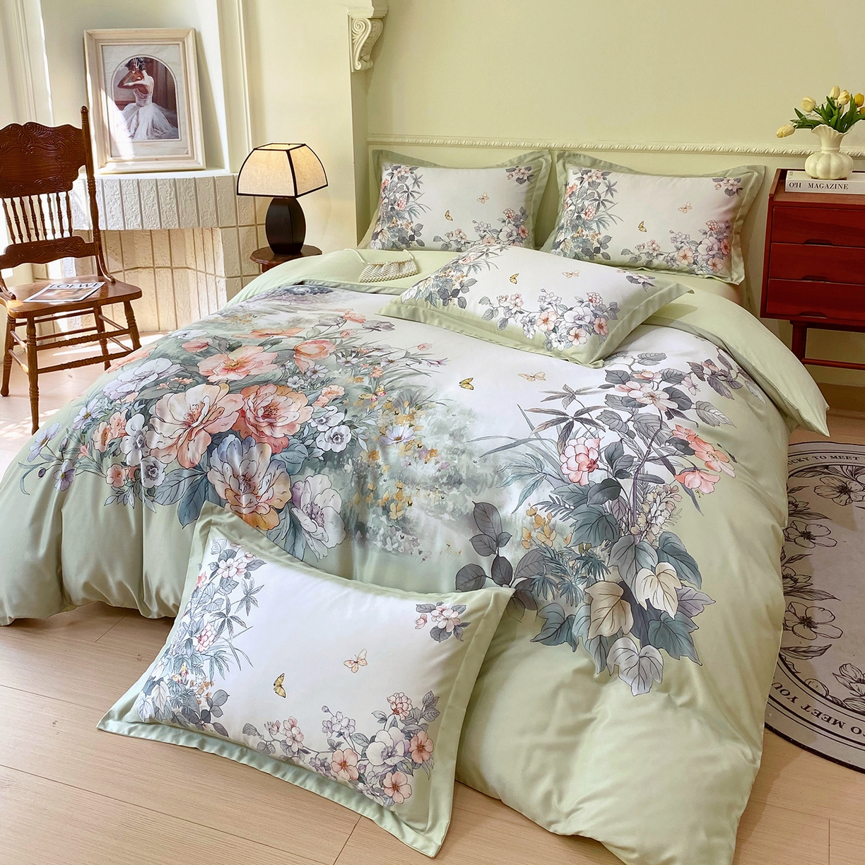 91家纺网 家纺一手货源 找家纺 大麦乐田 2025新款 直播爆款细斜纹磨毛数码印花四件套 仙本娜 绿