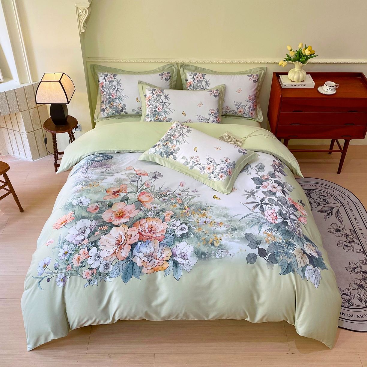 91家纺网 家纺一手货源 找家纺 大麦乐田 2025新款 直播爆款细斜纹磨毛数码印花四件套 仙本娜 绿