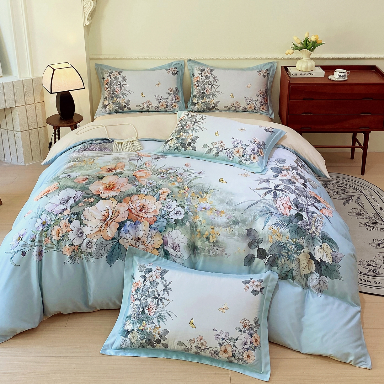 91家纺网 家纺一手货源 找家纺 大麦乐田 2025新款 直播爆款细斜纹磨毛数码印花四件套 仙本娜 兰